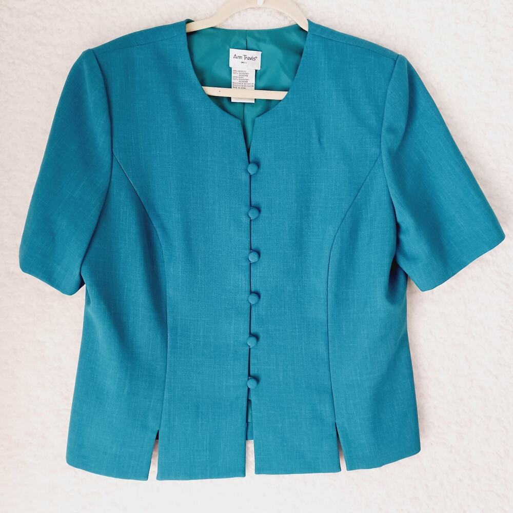 Jacket Teal Ann Travis Women Lined Cloth Covered Button Loops Front Office Sz 14